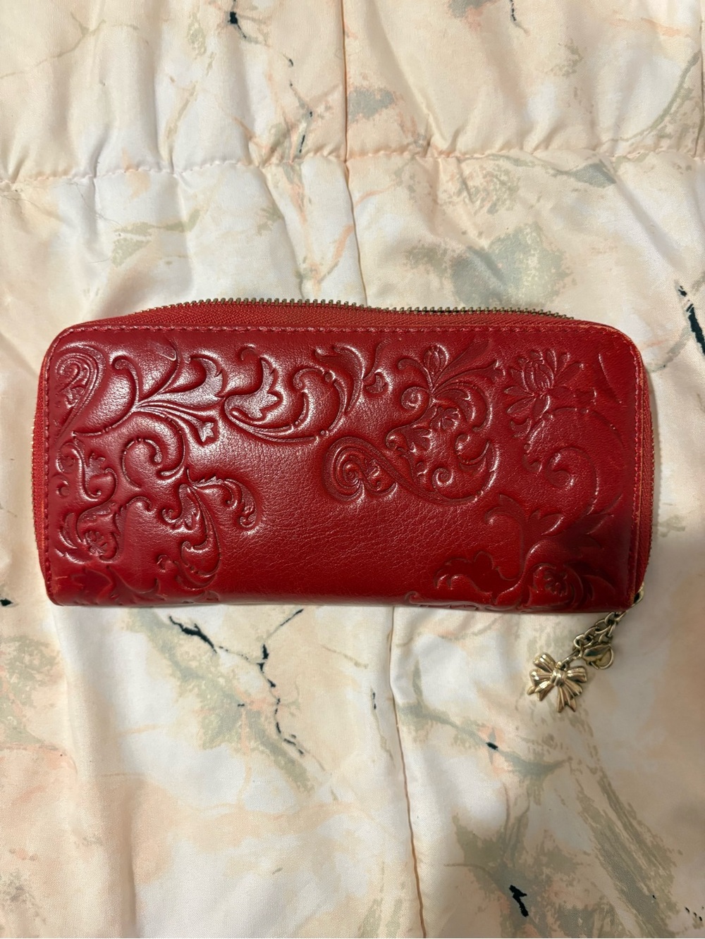 Red Embossed Floral Zip Around Wallet Gold Bow Heart Charm